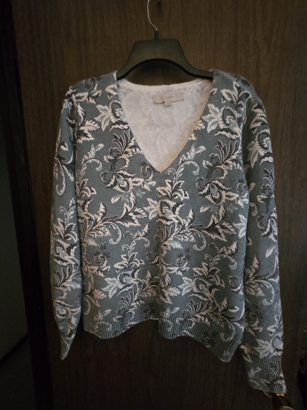 LOFT Dusty Green and Ivory V-Neck Floral Sweater